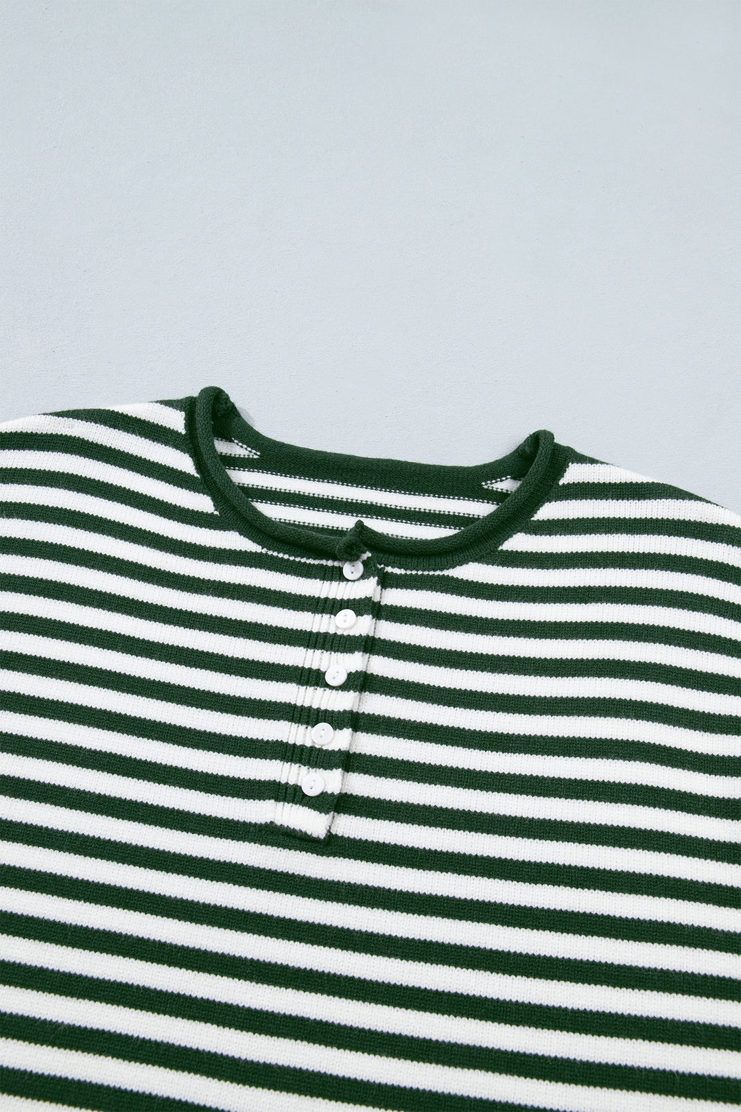 Green Stripe Striped Button Placket Drop Shoulder Long Sleeve Sweater