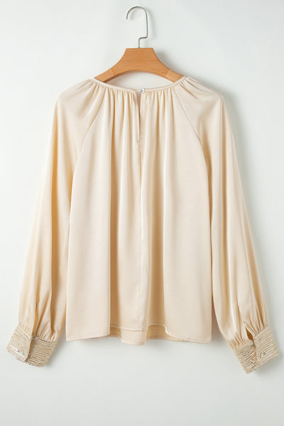 Apricot Sequin Cuffs Bubble Sleeve Blouse