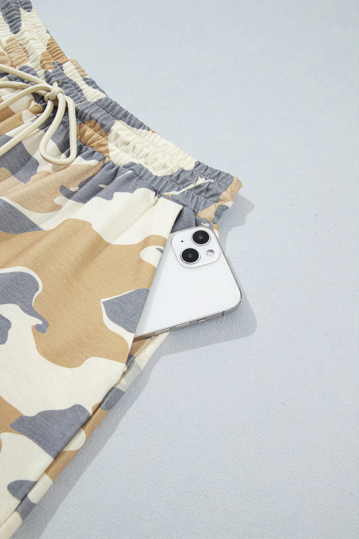 Multicolour Camouflage Print Long Sleeve Top Drawstring Shorts Set
