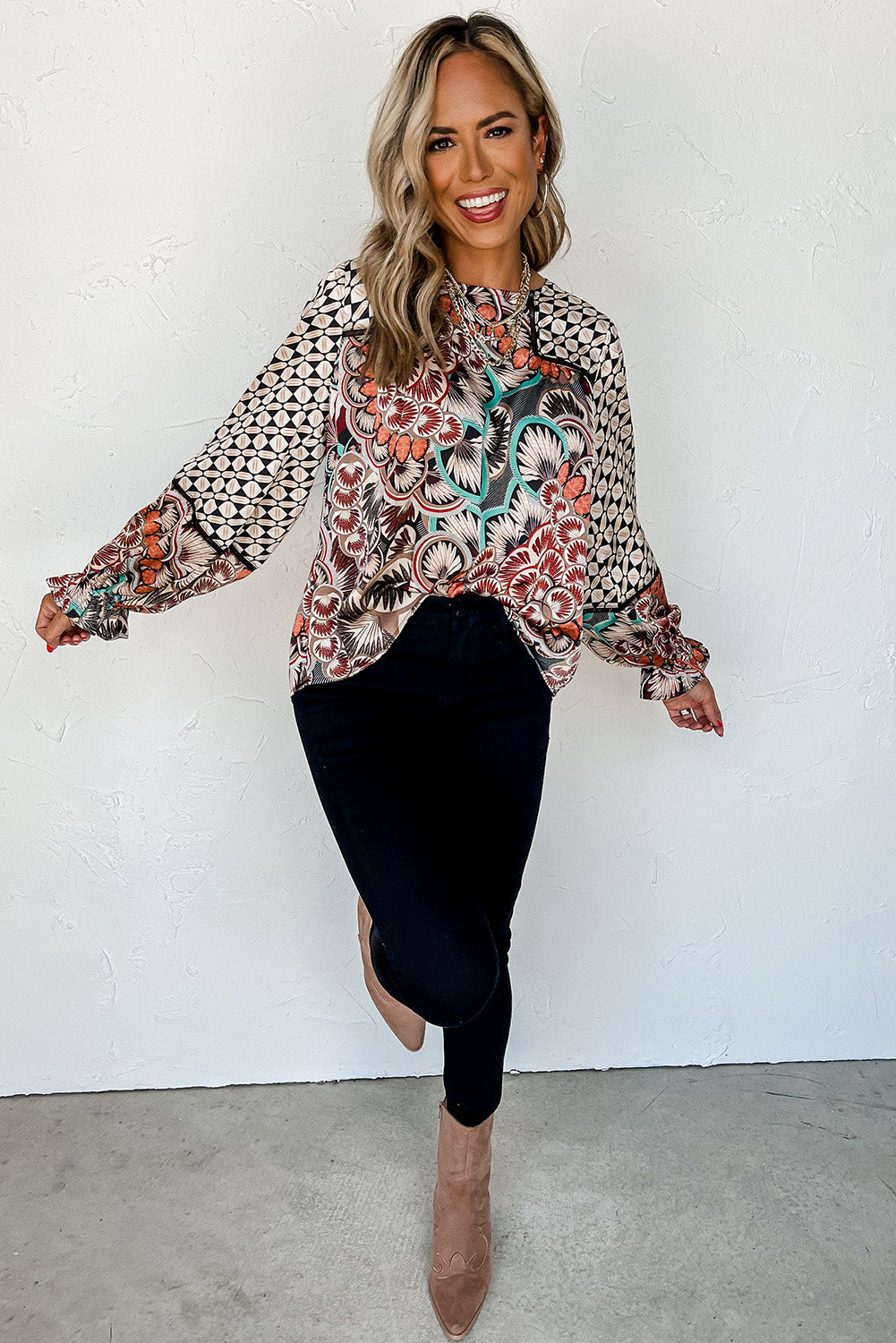 Black Mixed Floral Geometric Print Ruffled Long Sleeve Blouse