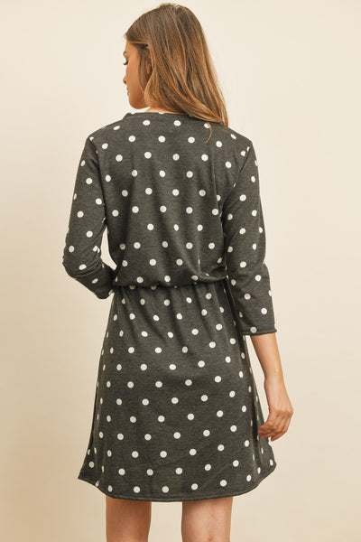 Polka Dot Print French Terry Cinch Waist Tie Front Dress With Pockets