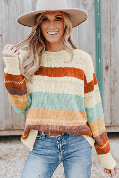 Crew Neck Drop-shoulder Striped Color Block Sweater