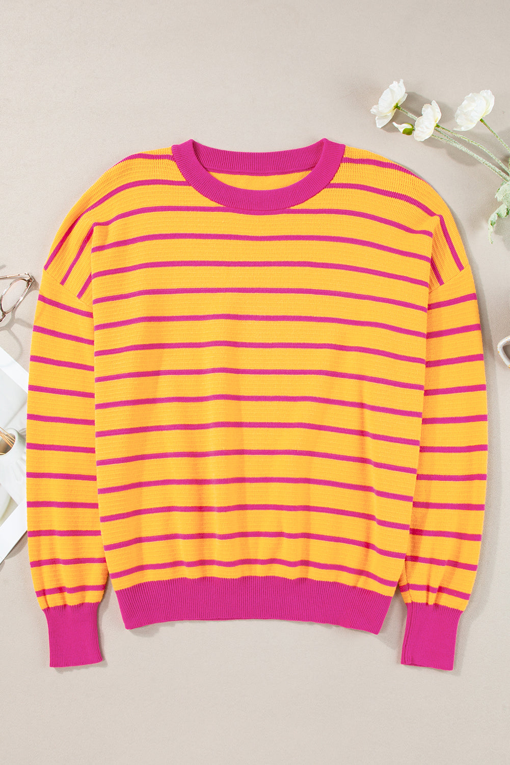 Orange Stripe Trimmed Round Neck Drop Shoulder Loose Sweater