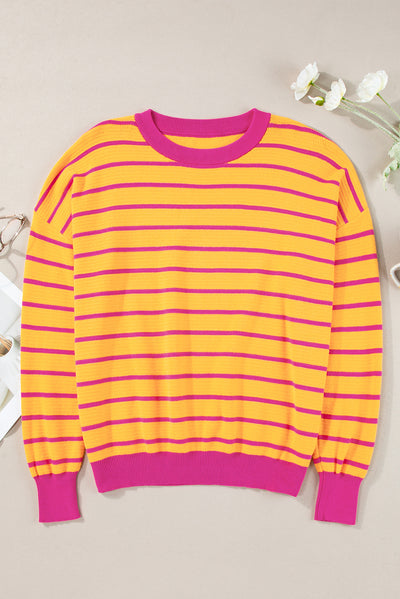 Orange Stripe Trimmed Round Neck Drop Shoulder Loose Sweater