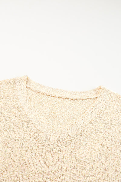 Beige Solid Fuzzy V-Neck Sweater