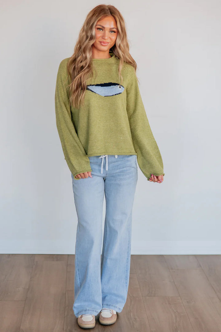 Meadow Mist Green Unique Fish Knit Oversized Round Neck Sweater