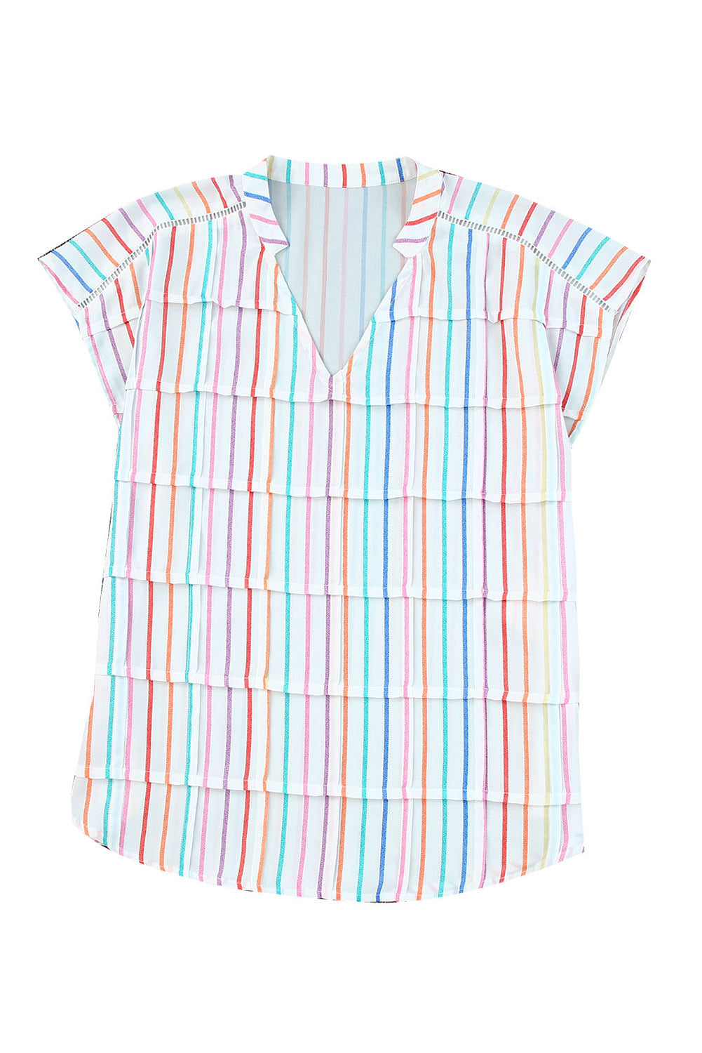 Multicolor Striped Pintuck Tiered Cap Sleeve Blouse