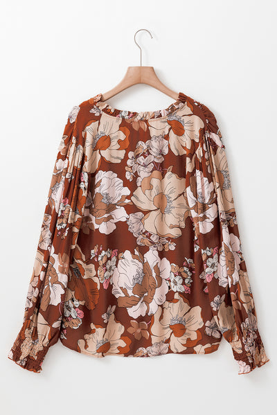 Brown Frilled V Neck Bubble Sleeve Floral Blouse