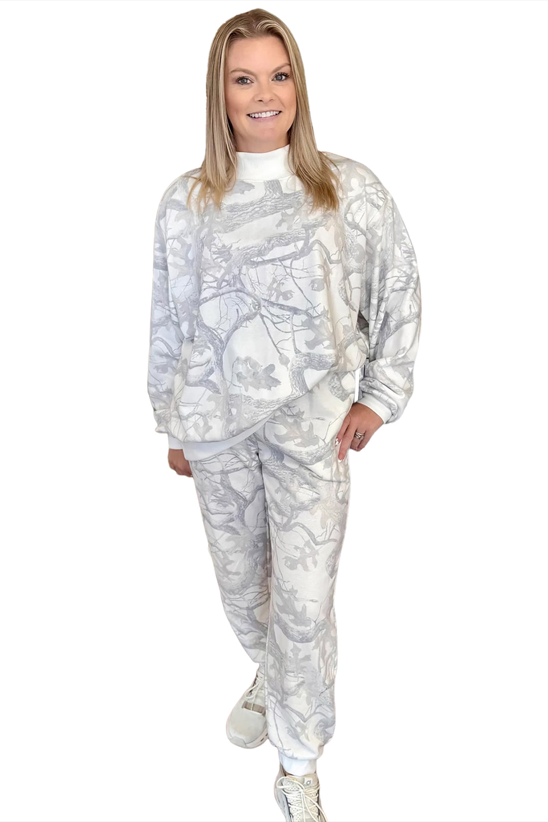 Gray Camouflage Print Stand Neck Long Sleeve Regular Fit Plus Size Set