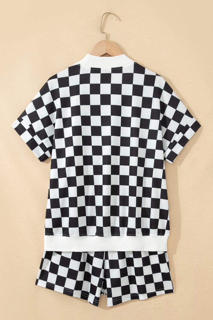 Pink Checkered Print Color Block Trim Mock Neck Short Set