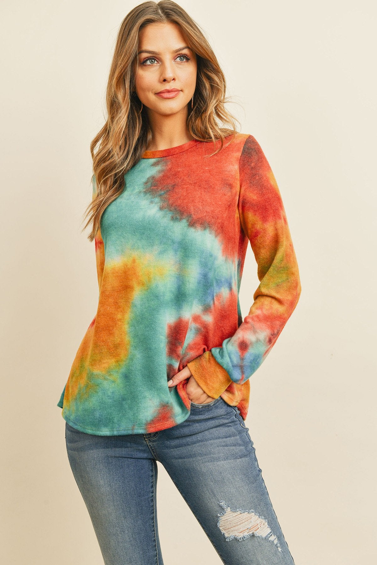 Long Sleeve Boat Neck Tie Dye Round Hem Top