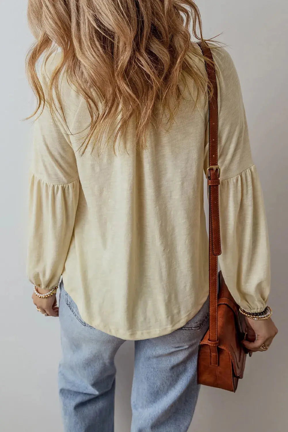 Embroidered Notched Long Sleeve Blouse