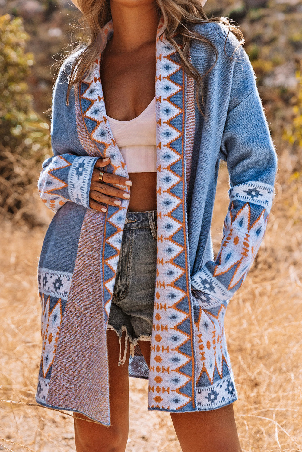 Orange Printed Aztec Print Open Front Knitted Cardigan