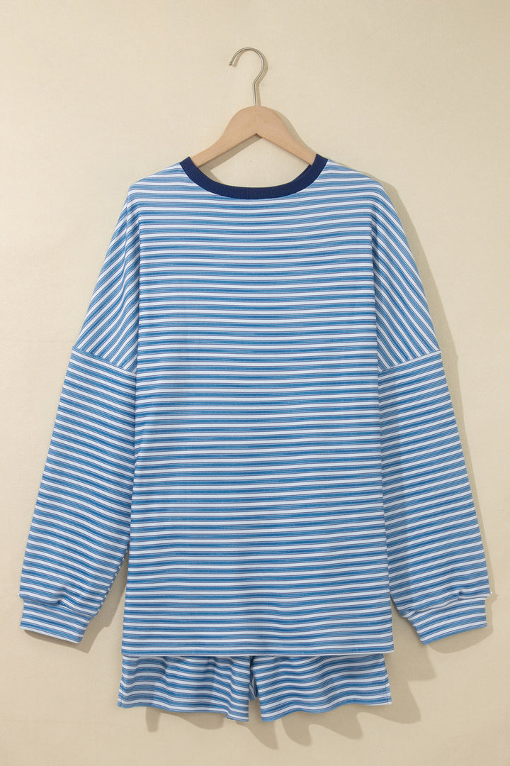 Sky Blue Stripe Long Sleeve Oversized Top Pocketed Casual Shorts Two Piece Set
