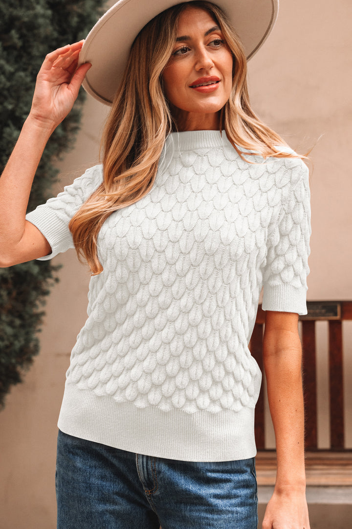 White Fish Scale Textured Knit Ribbed High Neck Short Sleeve Sweater