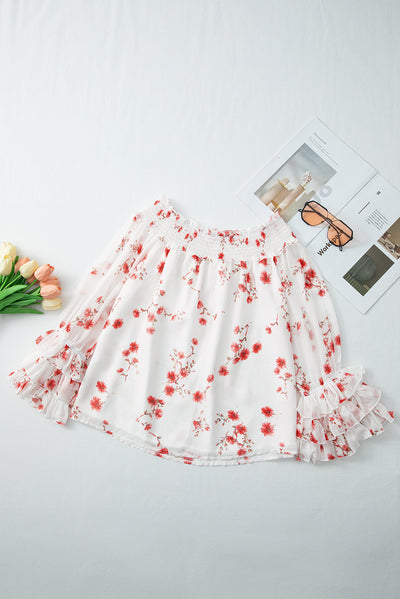 White Floral Print Shirred Off Shoulder Ruffled Sleeve Blouse