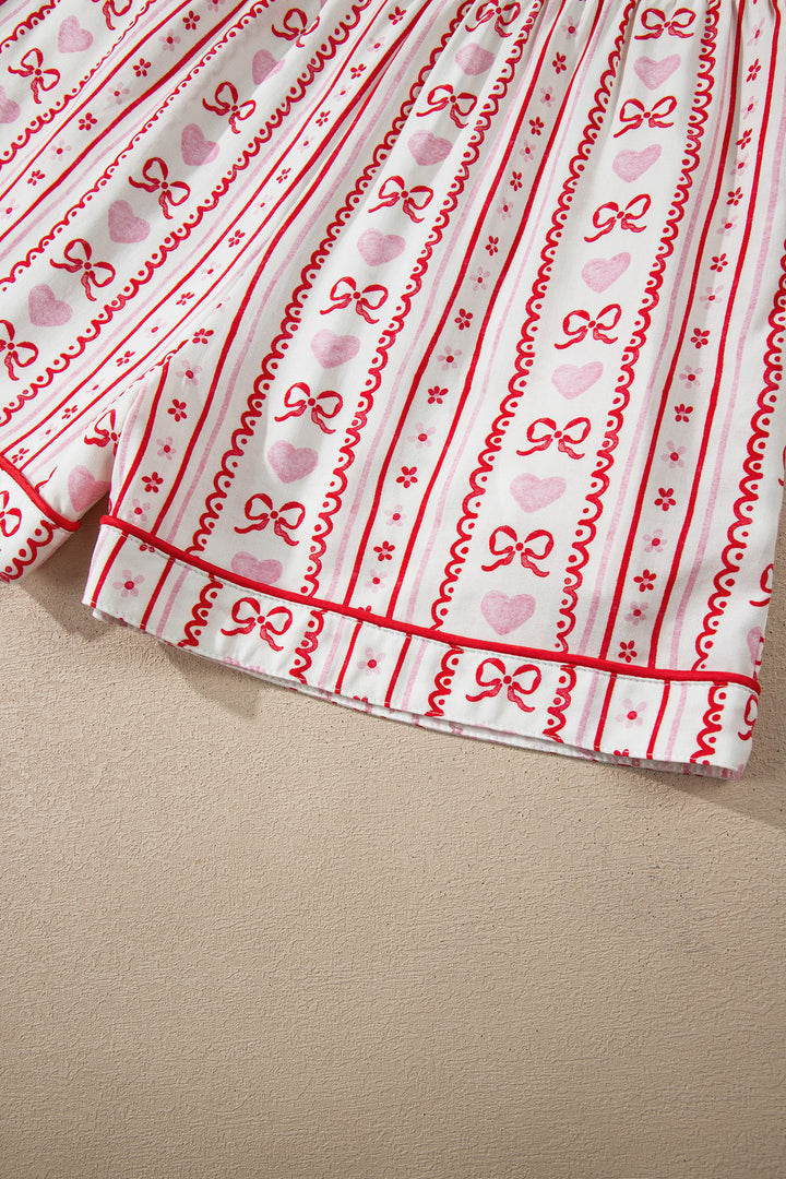 Red Cute Bow Heart Print Ribbon Decor Short 2pcs Pajama Set
