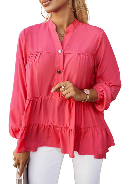 Rose Half Buttoned Ruffle Tiered Long Sleeve Blouse