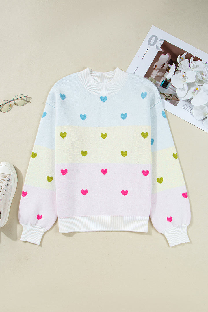 Multicolour Heart Pattern Colorblock Knit High Neck Baggy Sweater
