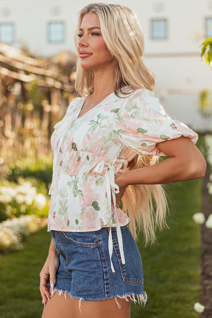 Alaiya Floral Puff Sleeve V Neck Tied Front Peplum Blouse