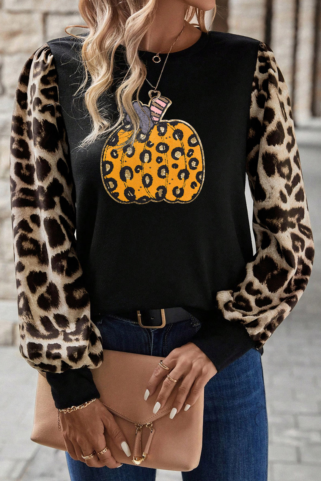 Khaki Leopard Sleeve Pumpkin Print Graphic Knit Top