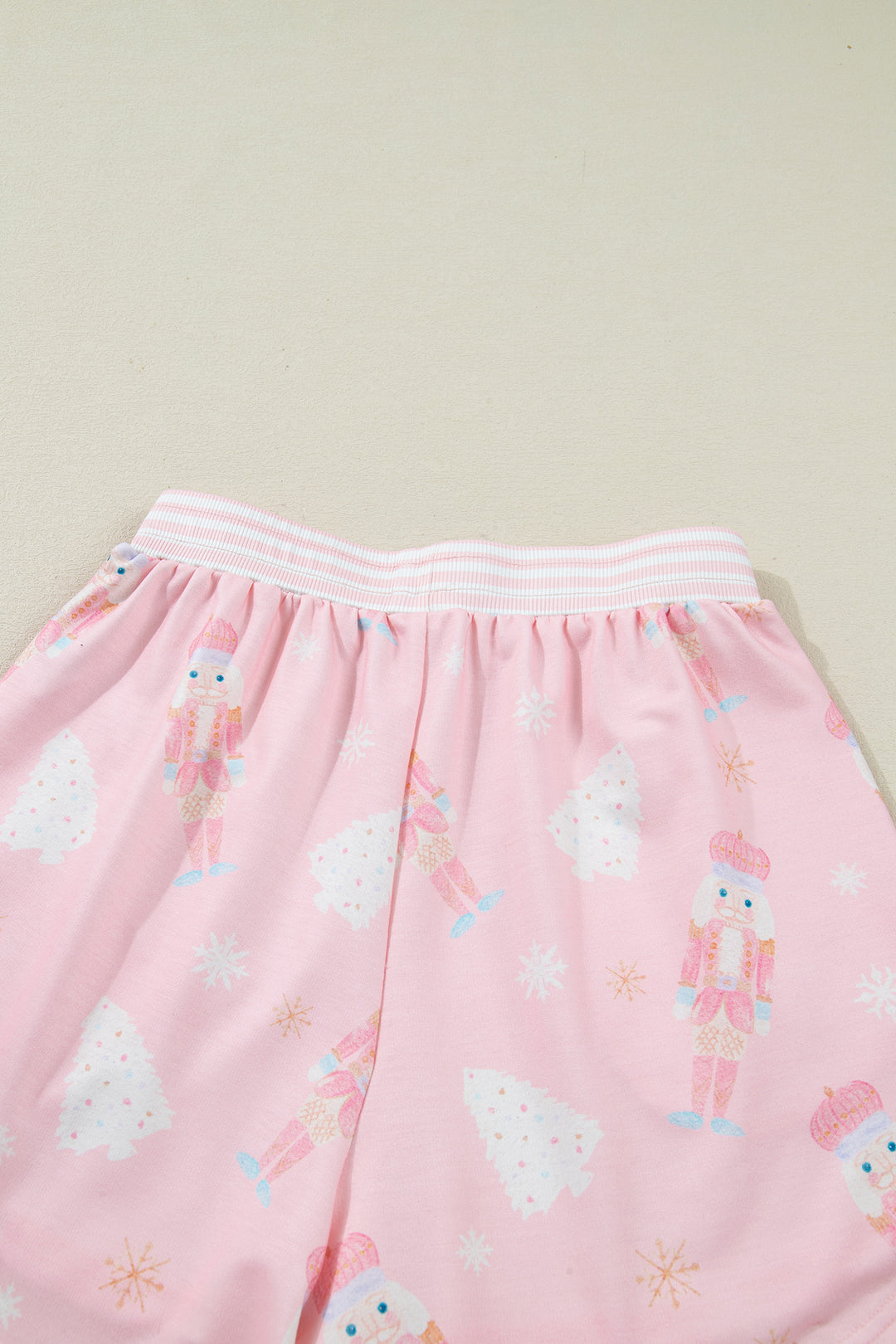 Pink Christmas Tree Nutcracker Doll Print Contrast Trim Long Sleeve Top Matching Shorts Set