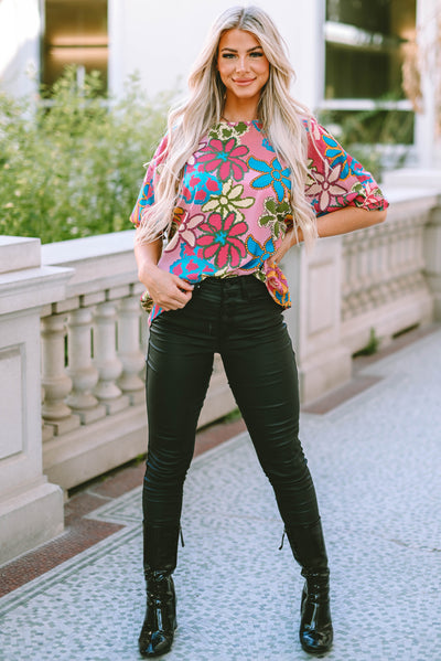 Pink Floral Print Bracelet Sleeve Blouse