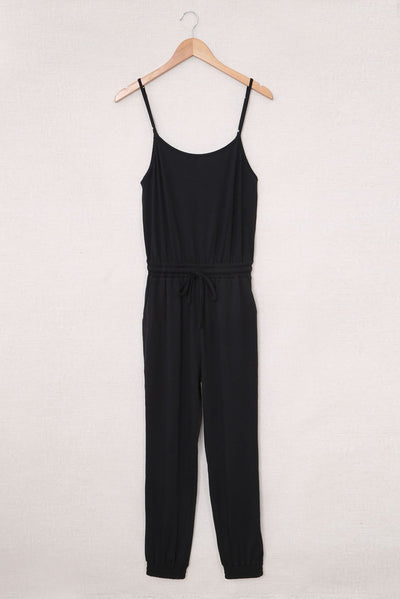 Black Drawstring Waist Spaghetti Straps Jumpsuit