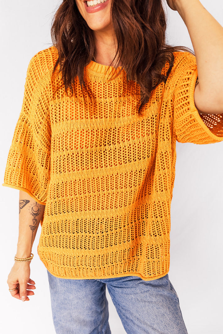 Mustard Hollow out Openwork Knit 3/4 Sleeve Sweater