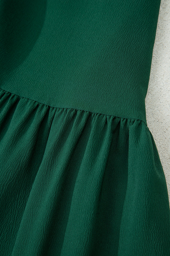 Blackish Green Solid Long Sleeve Button V Neck Tiered Maxi Dress