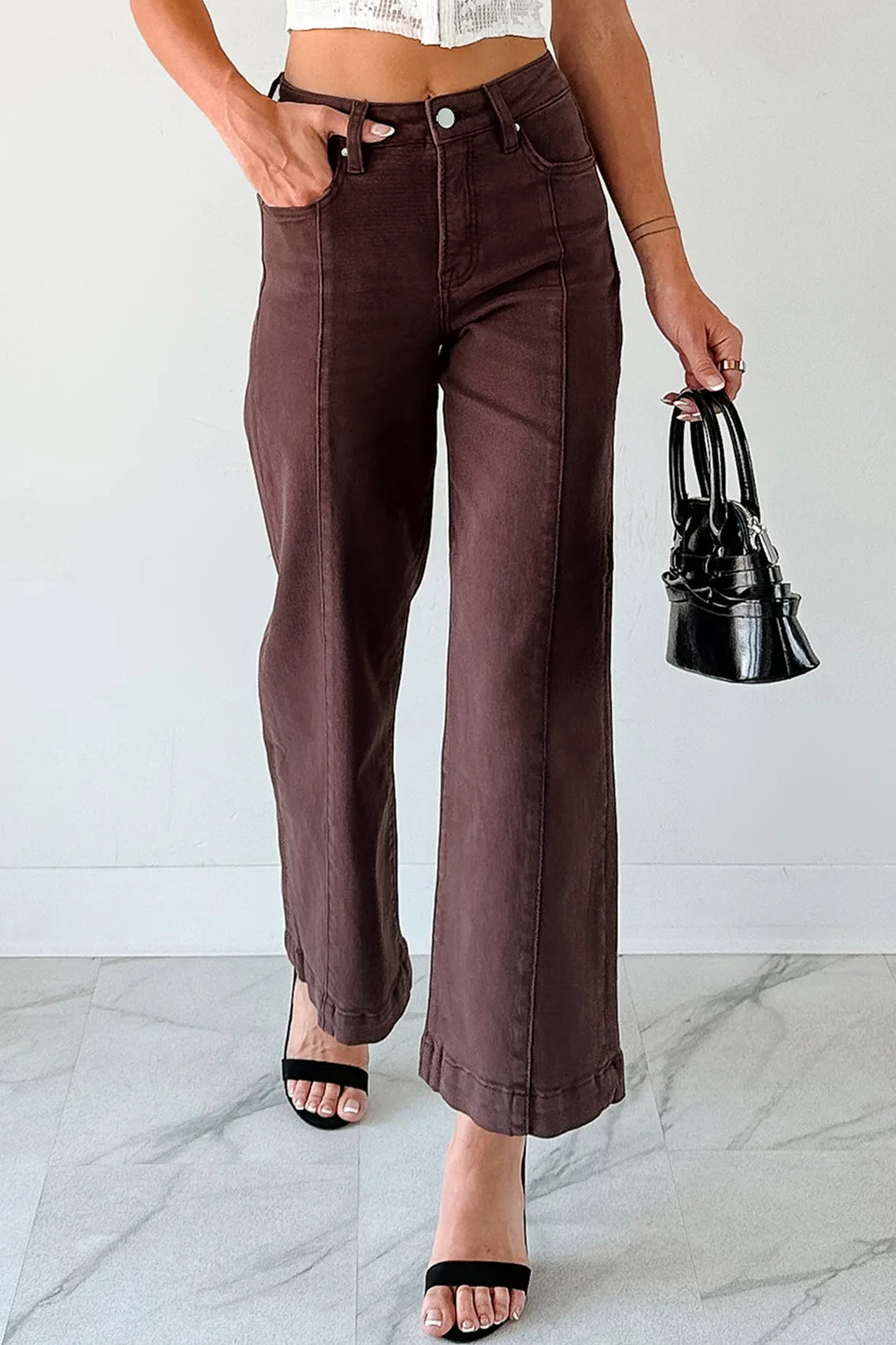 Red Sandalwood Solid Color Seamed Center Wide Leg Cropped Jeans