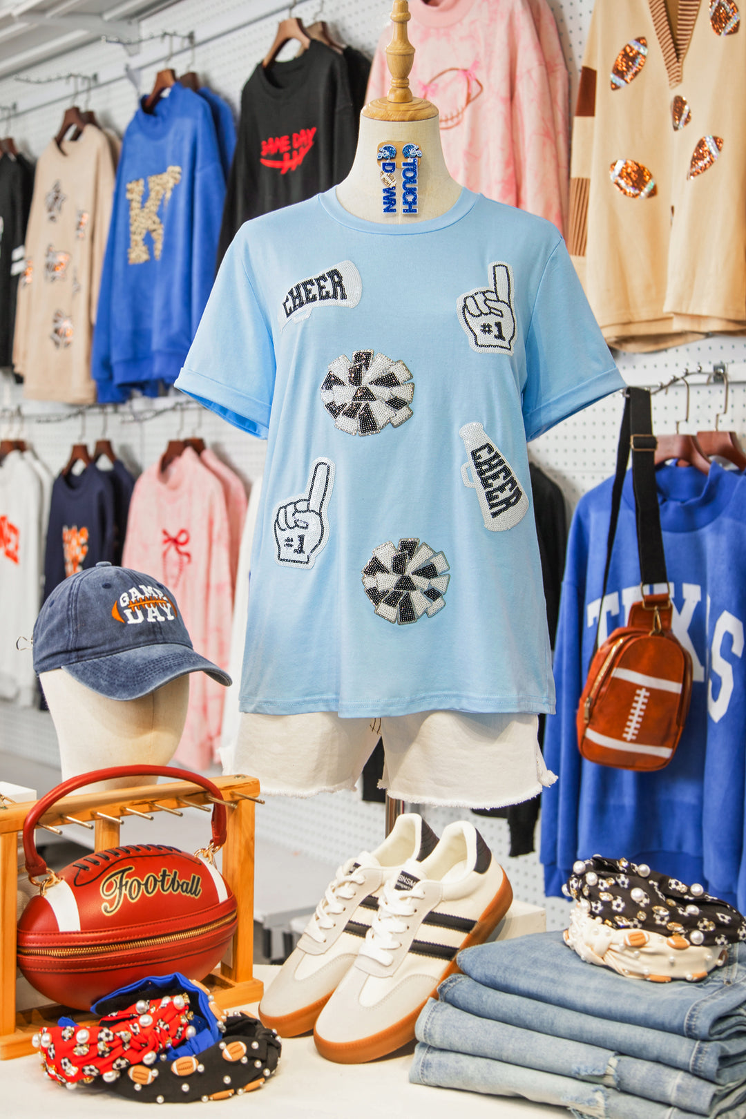 Light Blue Cheer Game Day Element Sequin Patched T Shirt