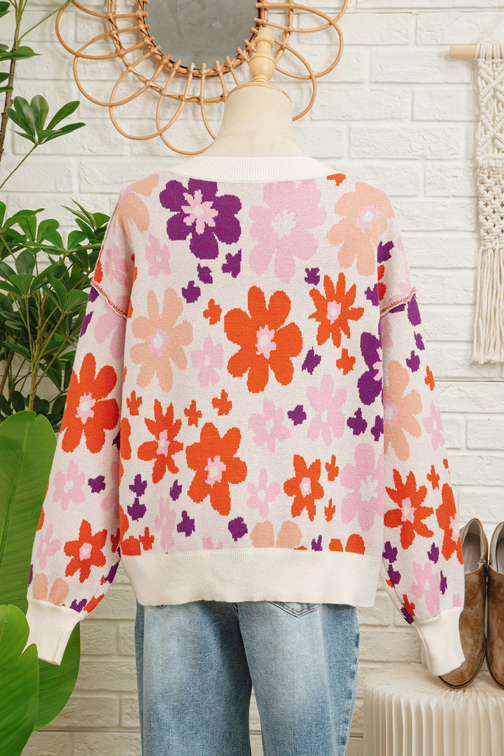 Khaki Fall Floral Pattern Drop Shoulder Sweater