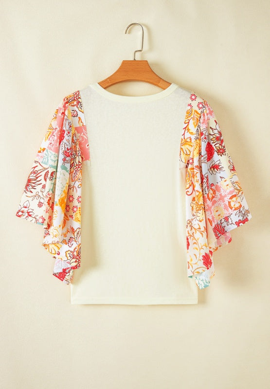 Printed Round Neck Flutter Sleeve Blouse