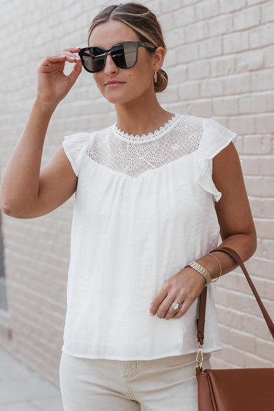 Beige Lace Crochet Patchwork Flutter Sleeve Babydoll Blouse