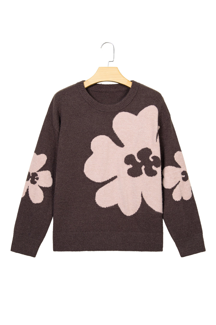 Chicory Coffee Cozy Floral Print Round Neck Dropped Shoulder Casual Sweater