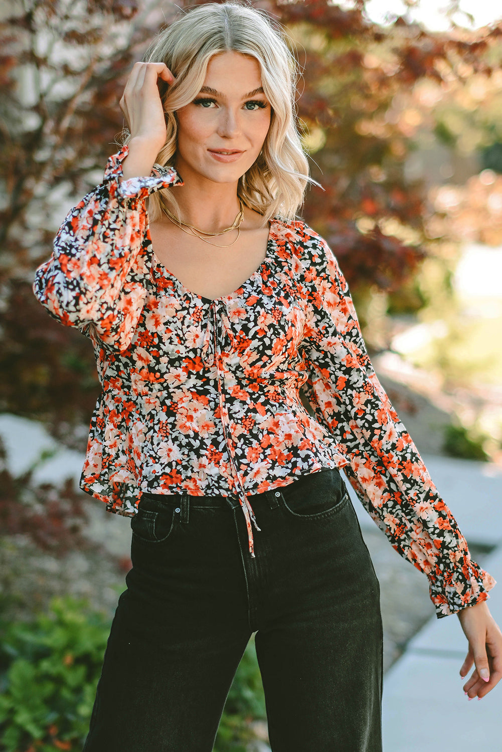 Orange Floral Flounce Sleeve Front Tie Sweetheart Neck Blouse