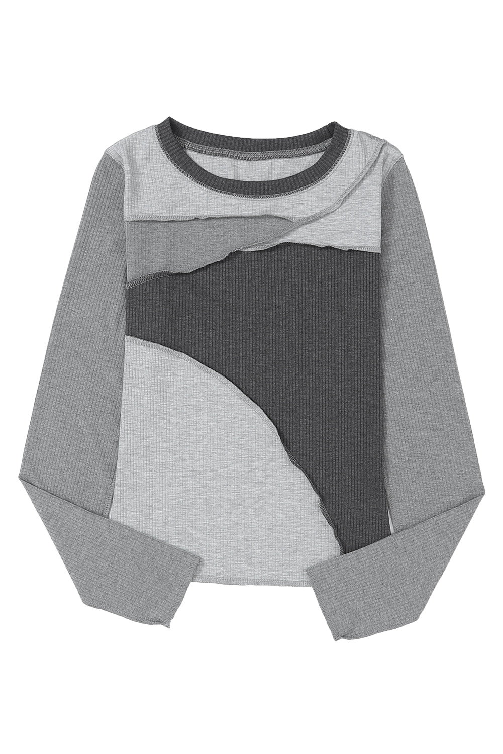 Gray Expose Seam Color Block Ribbed Knit Top