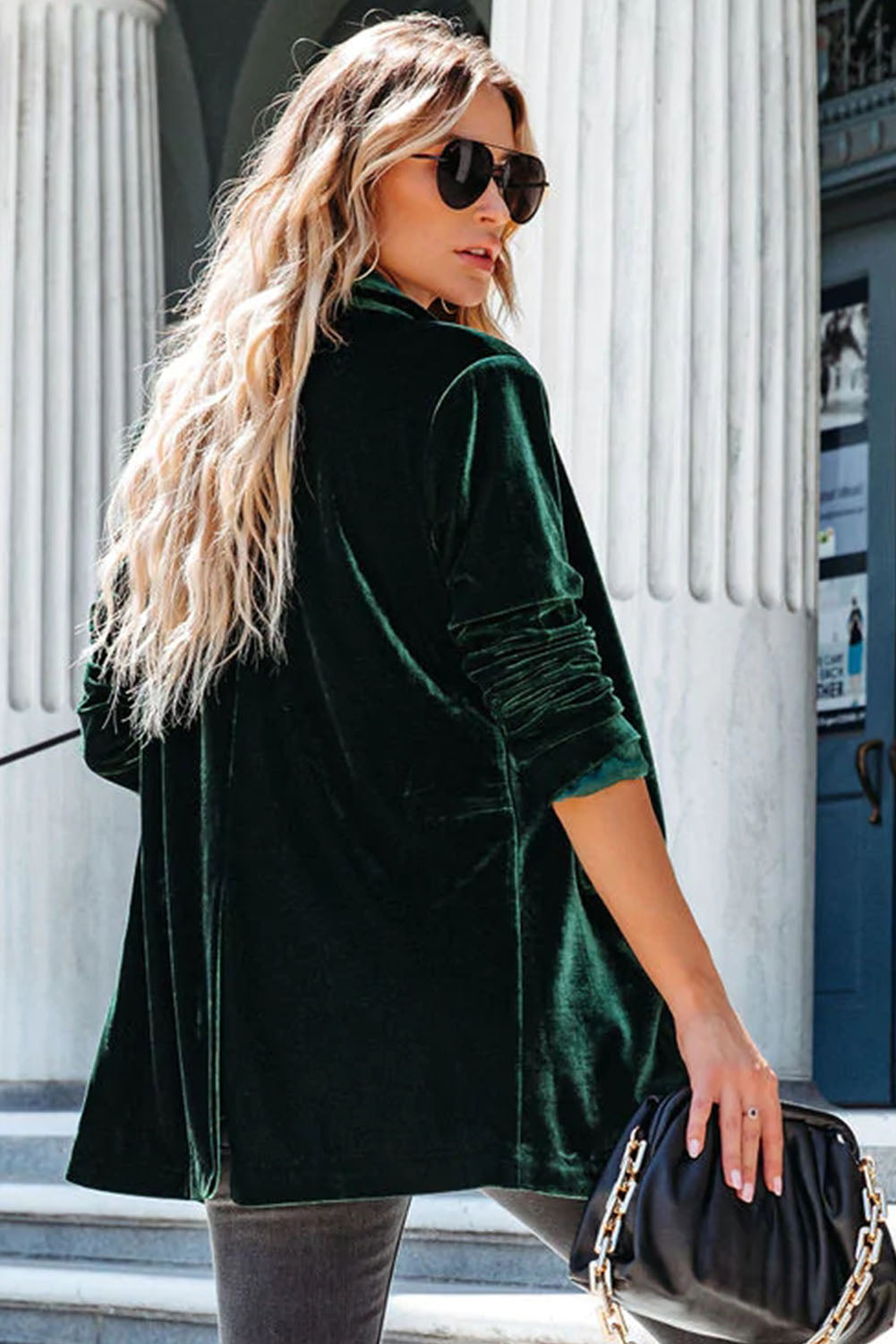 Green Casual Pocketed Velvet Blazer