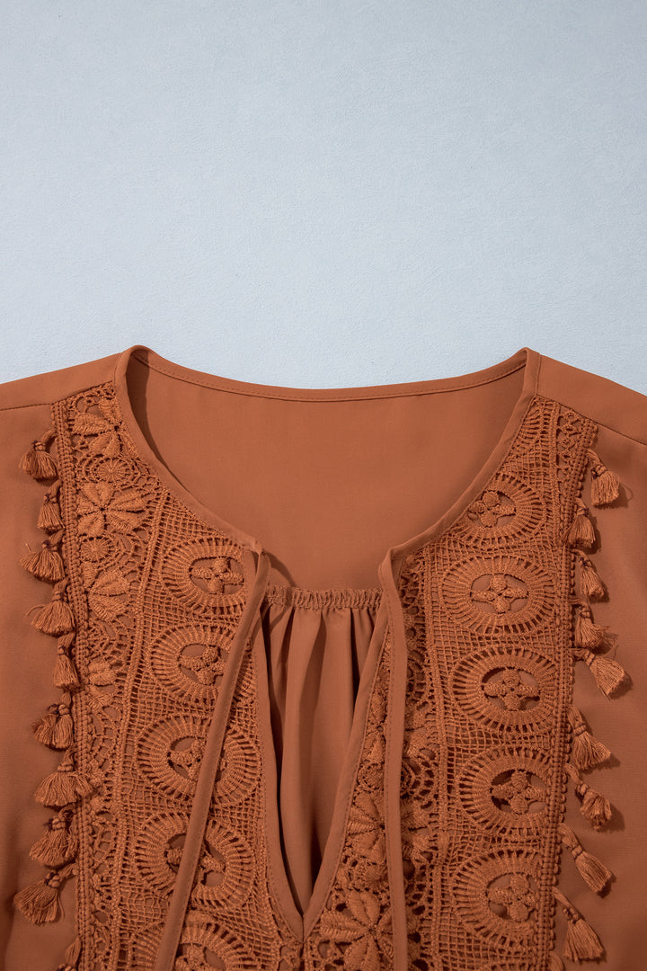 Chestnut Boho V Neck Embroidered Tassel Long Sleeve Plus Size Blouse