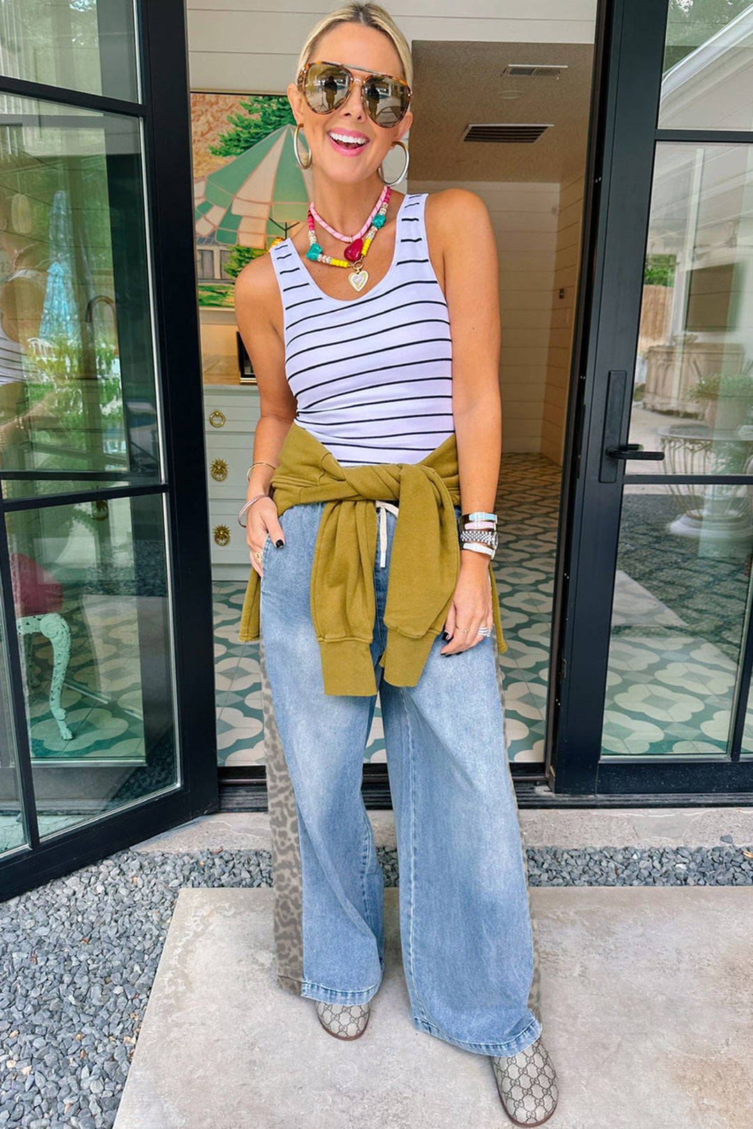 Beau Blue Drawstring Elastic Waist Leopard Striped Side Panel Wide Leg Jeans