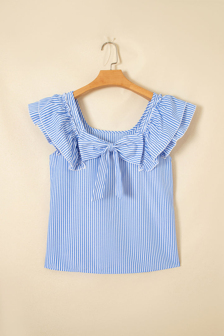 Sky Blue Stripe Square Neck Bow Decor Frilly Ruffled Short Sleeve Blouse