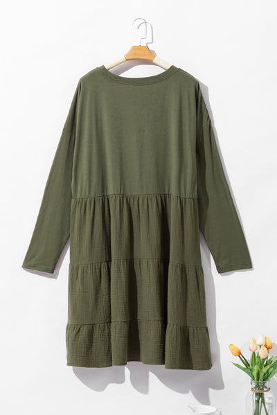 Moss Green Long Sleeve Tiered Crinkled Patchwork Mini Dress