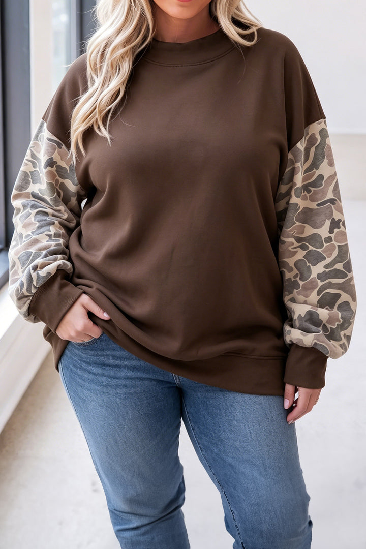 Coffee Mock Neck Camo Patchwork Drop Shoulder Plus Size Sweatshirt