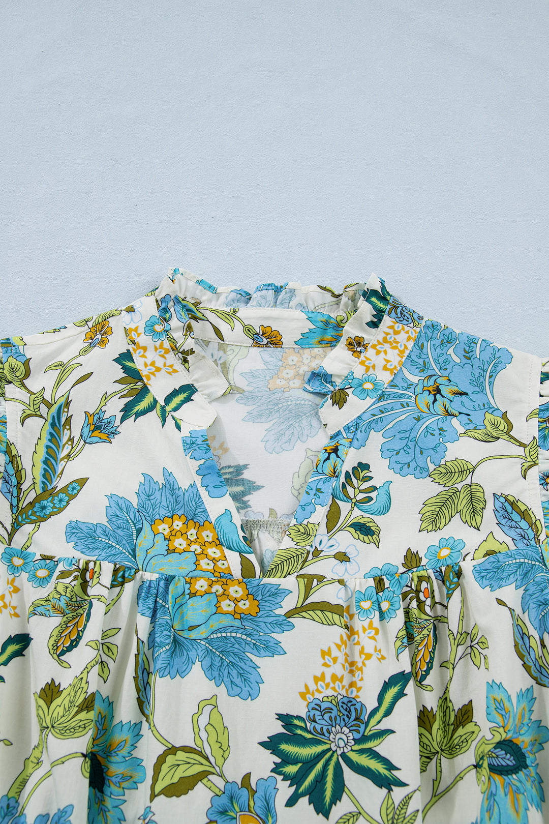 Beige Floral Print V Neck Triple Ruffle Short Sleeve Shift Mini Dress