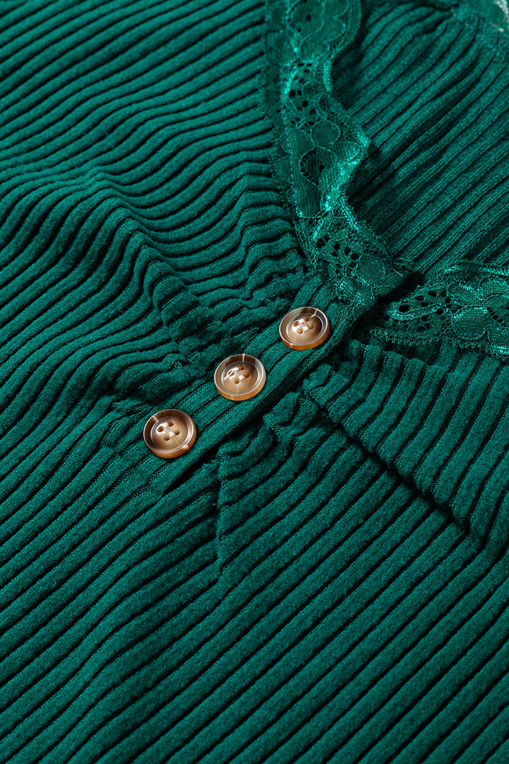 Skobeloff Lace Neckline Button Decor Lettuce Edge Long Sleeve Ribbed Top