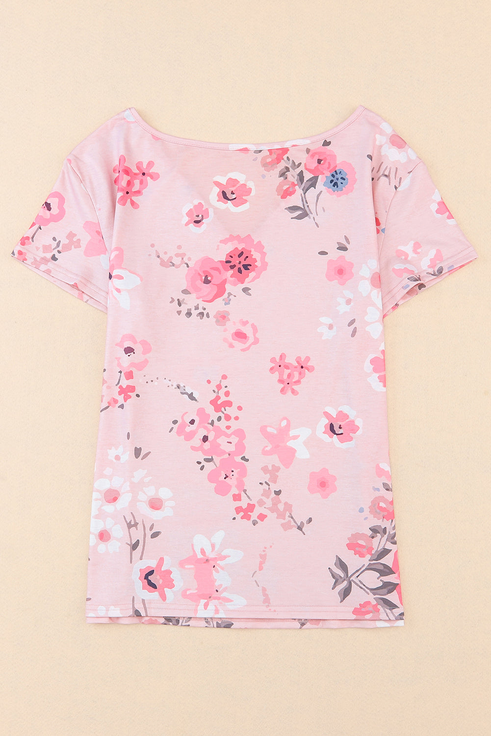 Pink V Neck Floral Print T-shirt