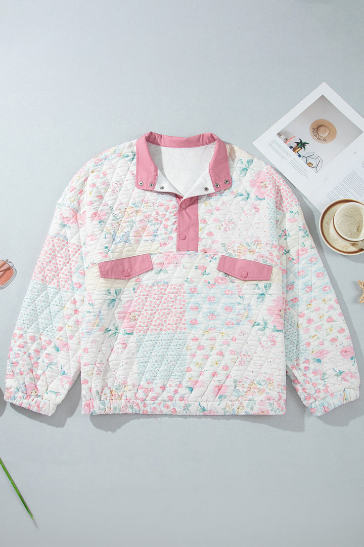Pink Floral Quilted V-Neck Plus Size Fake Pocket Sweatshirt