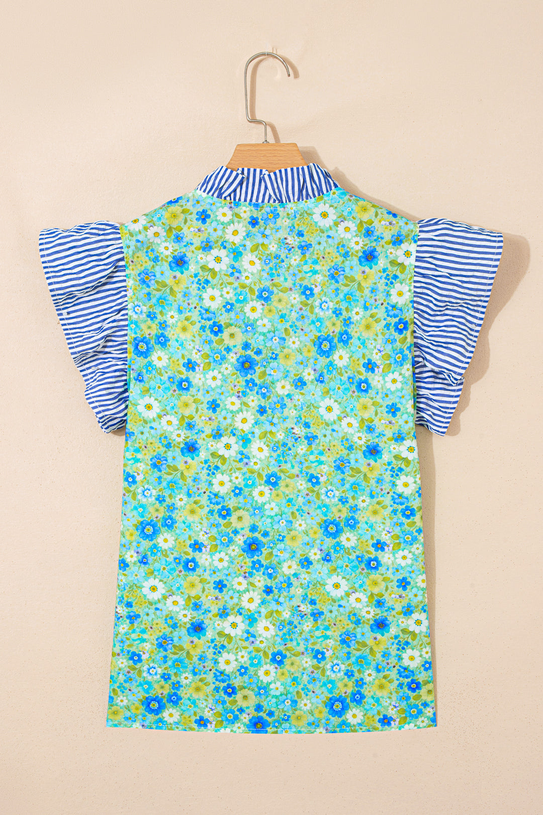 Green Floral Painting Print Striped Patchwork Flutter Sleeve V Neck Blouse