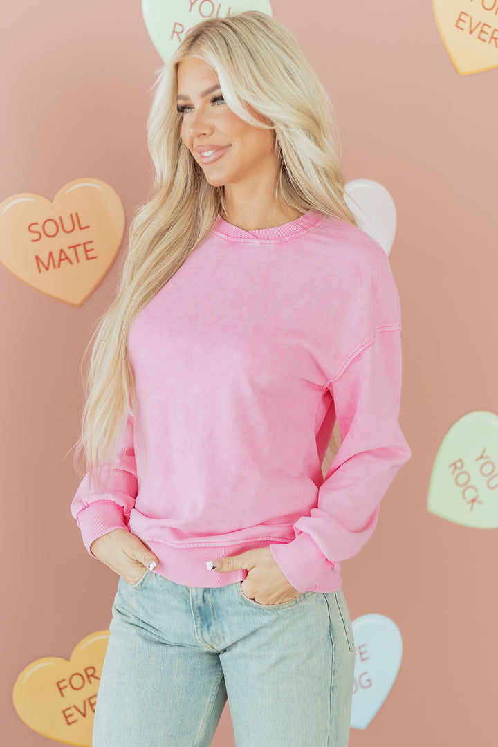 Bright Pink Mineral Wash Crossed Crew Neck Drop Shoulder Loose Sweatshirt